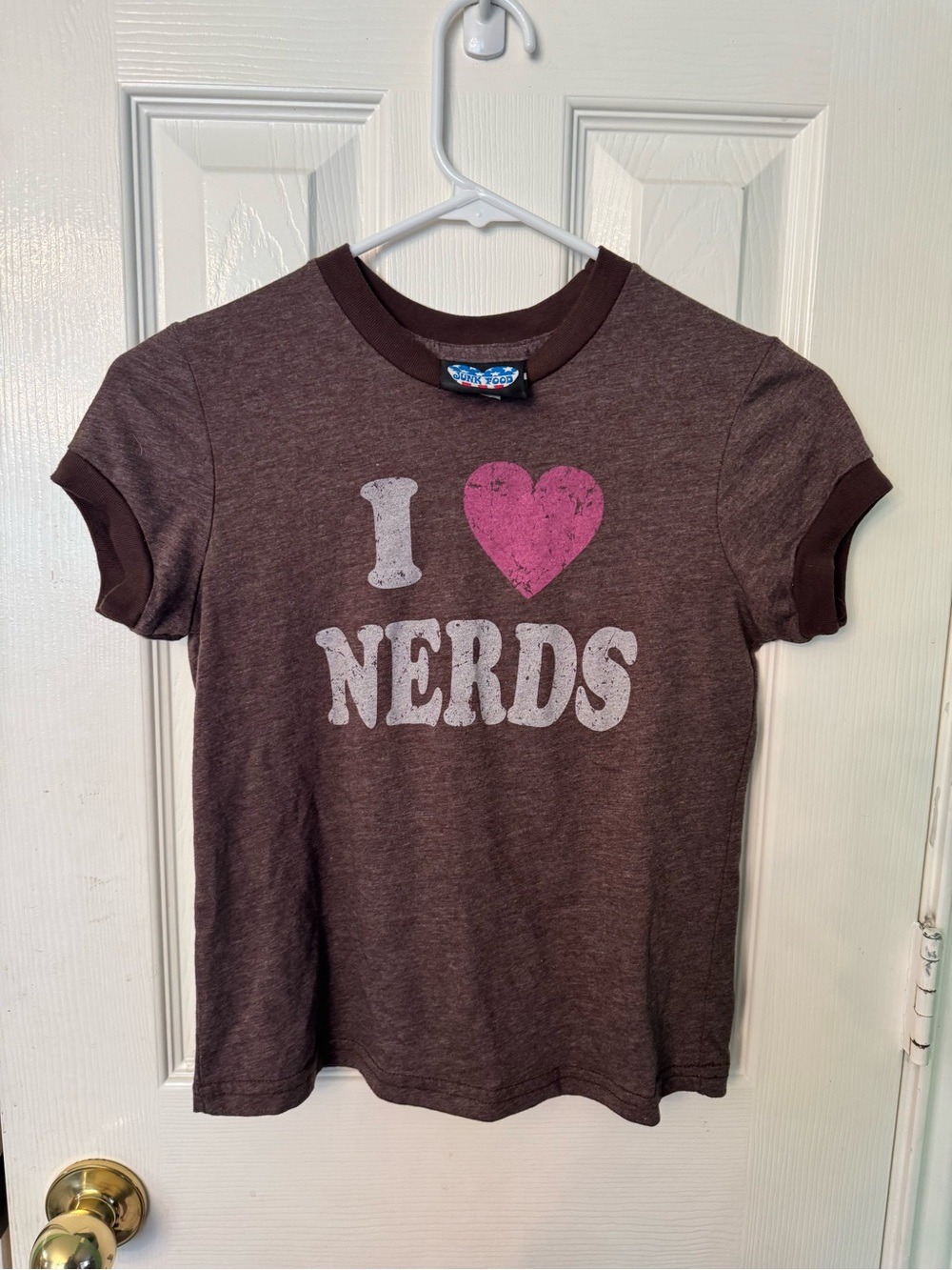 Junk Food Clothing Brown Tee with Pink Heart "I ♥ Nerds" Graphic